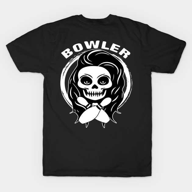 Female Bowler Skull and Bowling Pins White Logo by Nuletto